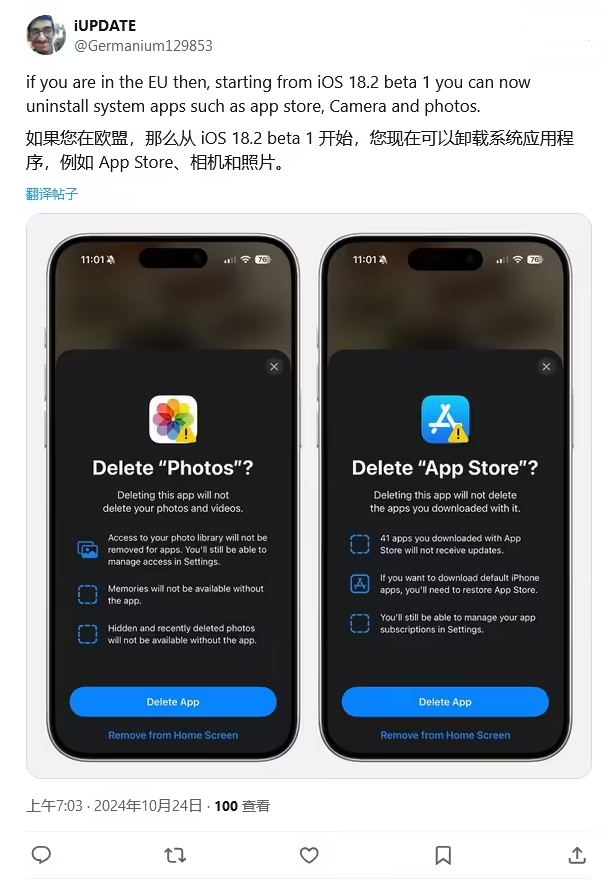 东莞生态园苹果手机维修分享iOS 18.2 支持删除 App Store 应用商店 